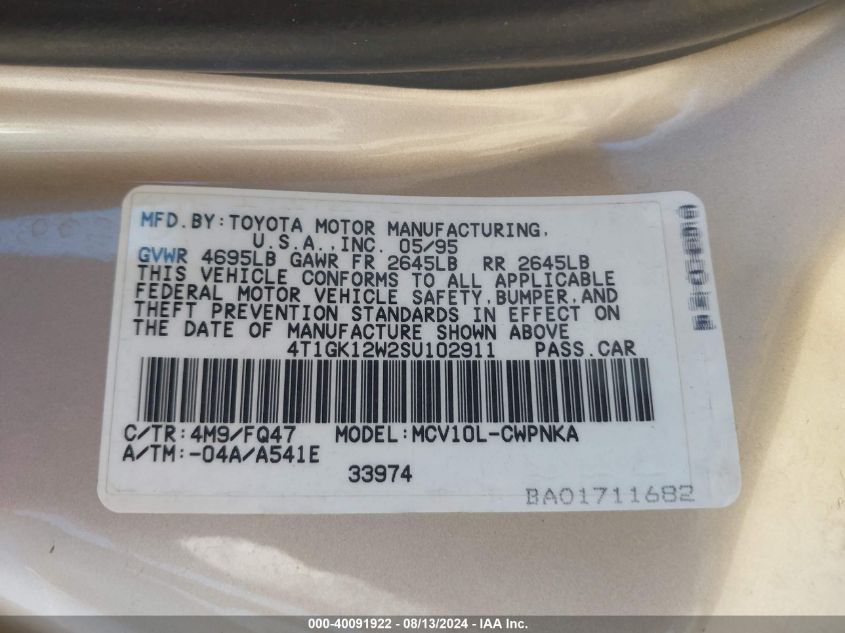 1995 Toyota Camry Le VIN: 4T1GK12W2SU102911 Lot: 40091922