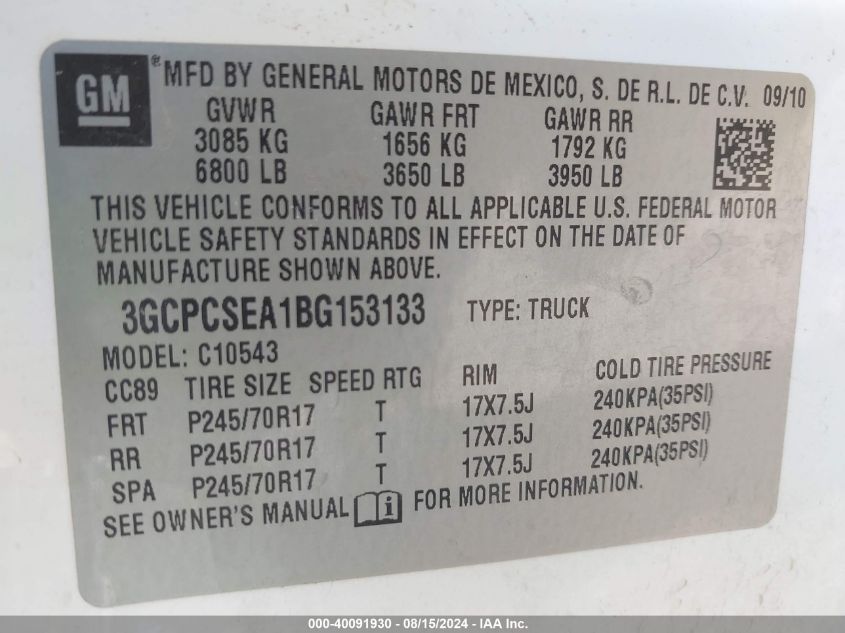 2011 Chevrolet Silverado 1500 C1500 Lt VIN: 3GCPCSEA1BG153133 Lot: 40091930