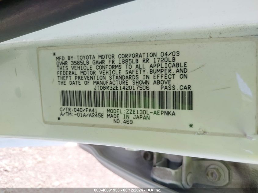 2004 Toyota Corolla Le VIN: JTDBR32E142017506 Lot: 40091953