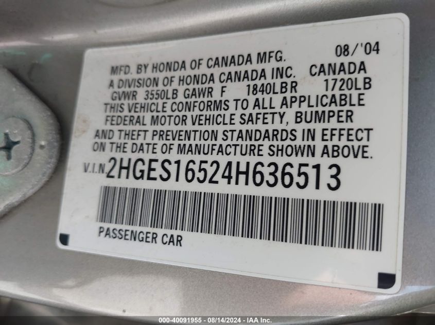 2004 Honda Civic Lx VIN: 2HGES16524H636513 Lot: 40091955