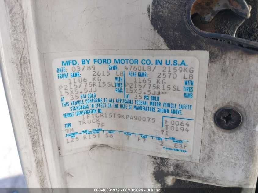 1989 Ford Ranger Super Cab VIN: 1FTCR15T9KPA90075 Lot: 40091972