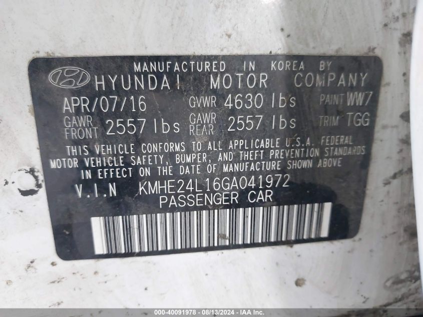 2016 Hyundai Sonata Hybrid Hybrid/Se VIN: KMHE24L16GA041972 Lot: 40091978