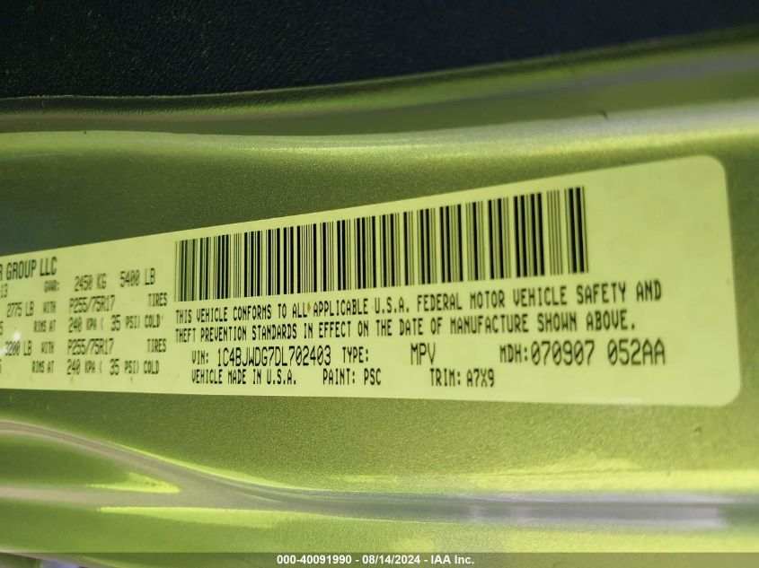 2013 Jeep Wrangler Unlimited Sport VIN: 1C4BJWDG7DL702403 Lot: 40091990