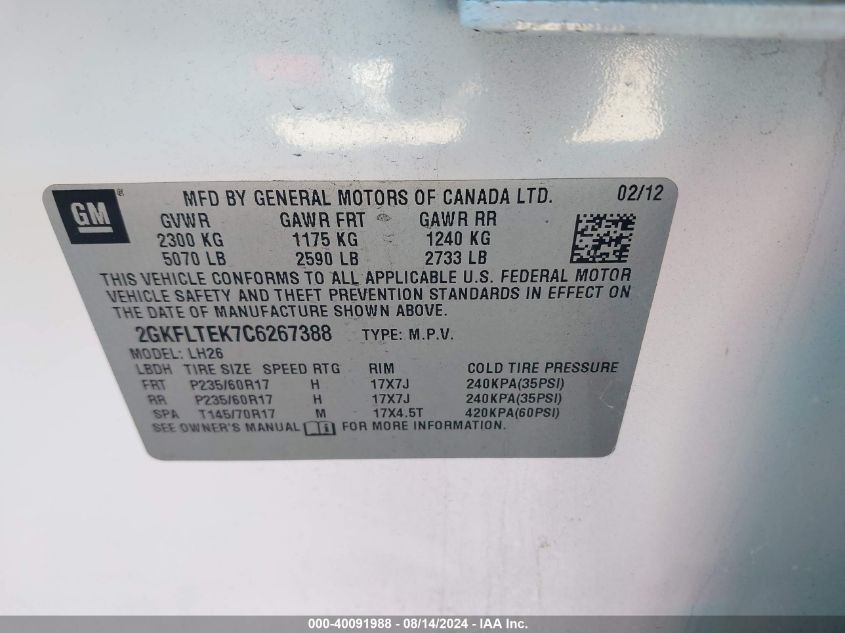 2012 GMC Terrain Sle VIN: 2GKFLTEK7C6267388 Lot: 40091988