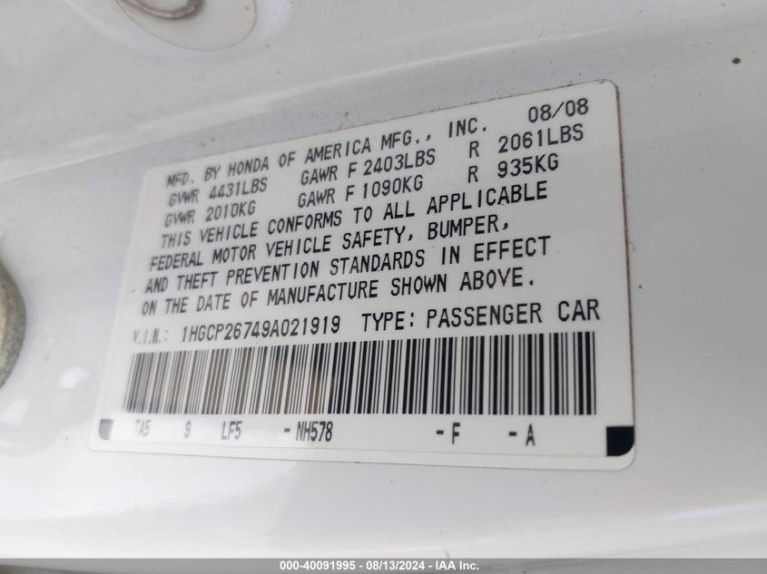 2009 Honda Accord 2.4 Ex VIN: 1HGCP26749A021919 Lot: 40091995