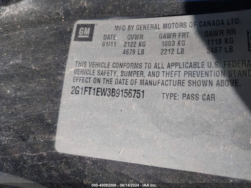 2011 Chevrolet Camaro 2Ss VIN: 2G1FT1EW3B9156751 Lot: 40092000