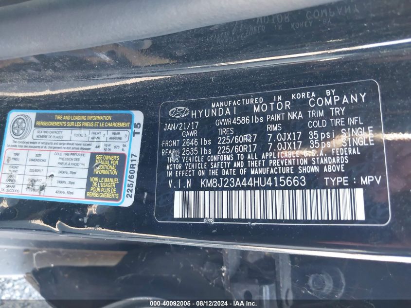 2017 Hyundai Tucson Se VIN: KM8J23A44HU415663 Lot: 40092005