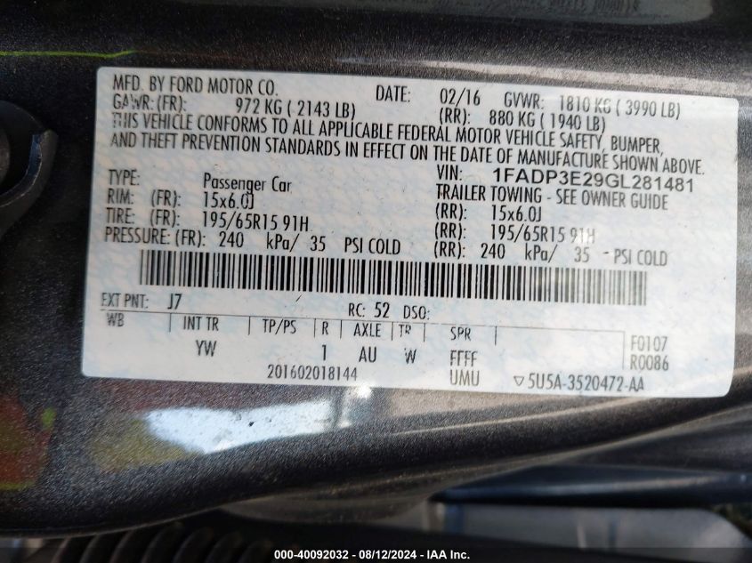 1FADP3E29GL281481 2016 Ford Focus S