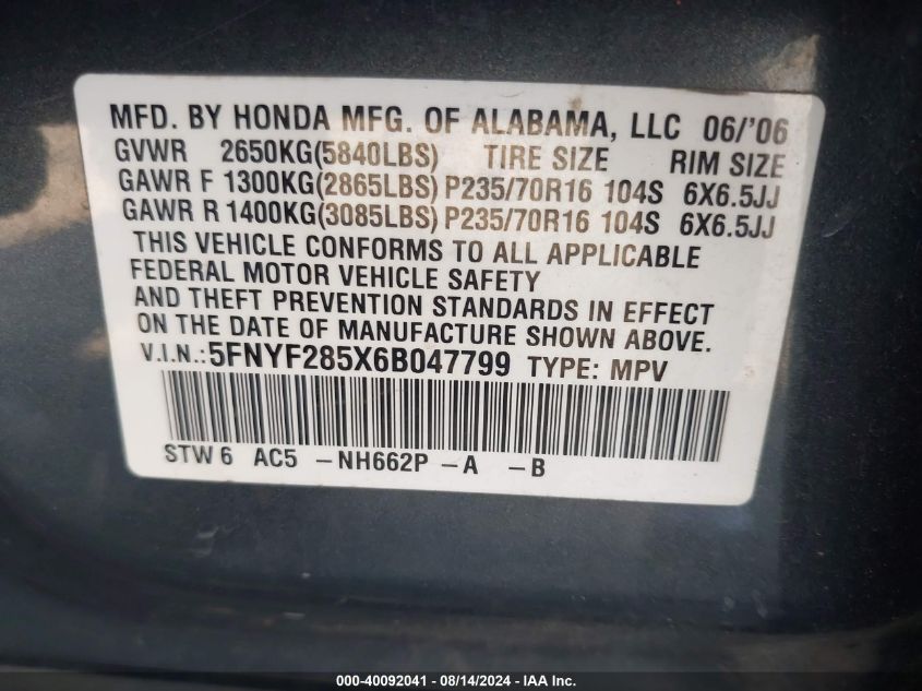 2006 Honda Pilot Ex-L VIN: 5FNYF285X6B047799 Lot: 40092041