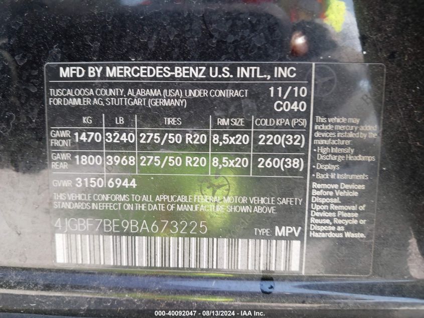 4JGBF7BE9BA673225 2011 Mercedes-Benz Gl 450 4Matic