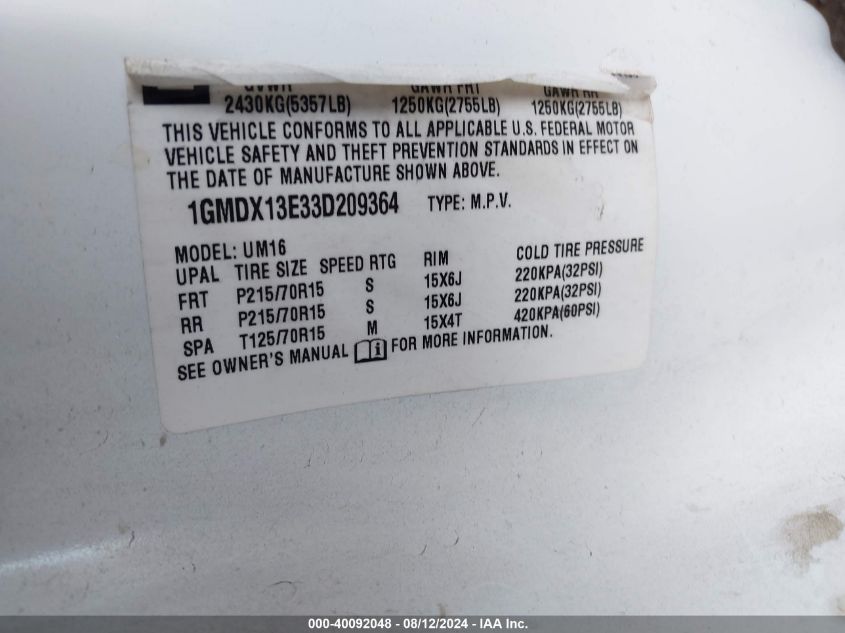 2003 Pontiac Montana M16 W/1Se Pkg. VIN: 1GMDX13E33D209364 Lot: 40092048