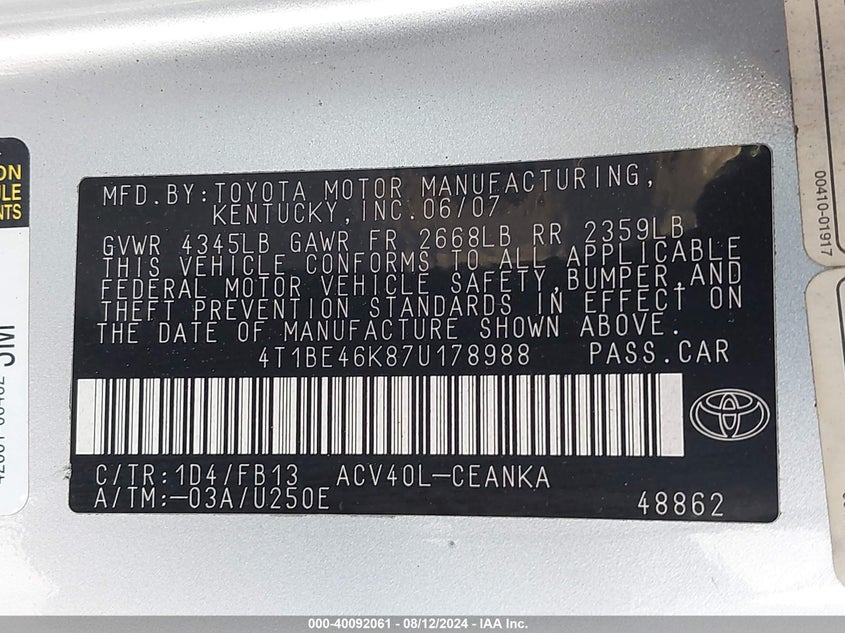 2007 Toyota Camry Le VIN: 4T1BE46K87U178988 Lot: 40092061