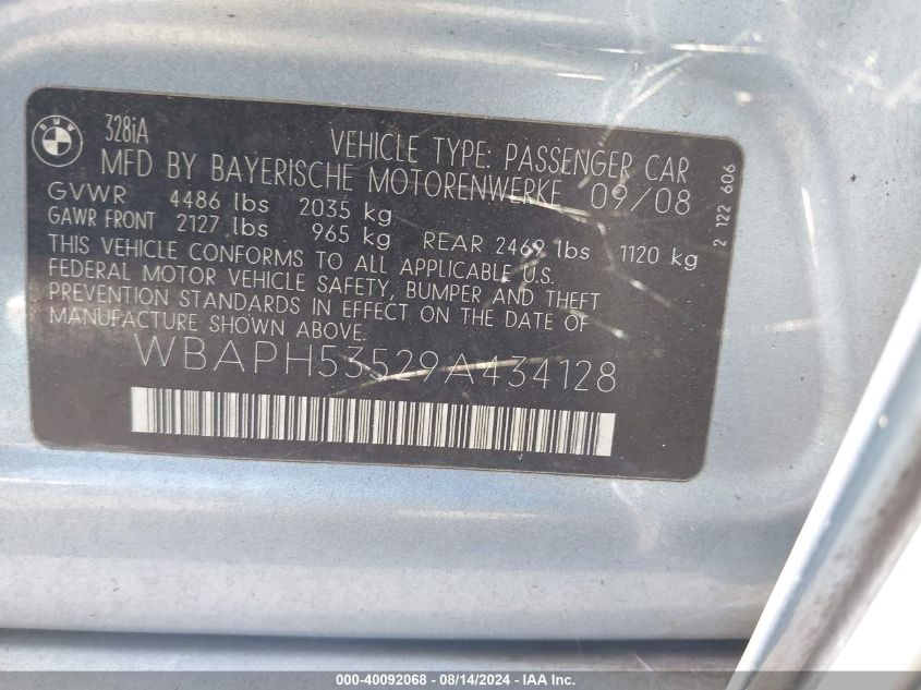 2009 BMW 328I I Sulev VIN: WBAPH53529A434128 Lot: 40092068