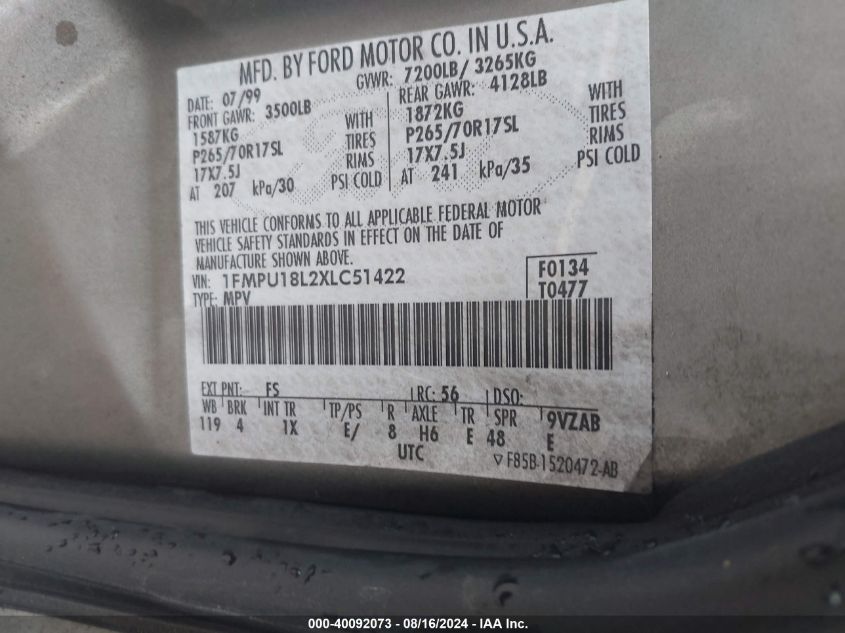1999 Ford Expedition Eddie Bauer/Xlt VIN: 1FMPU18L2XLC51422 Lot: 40092073