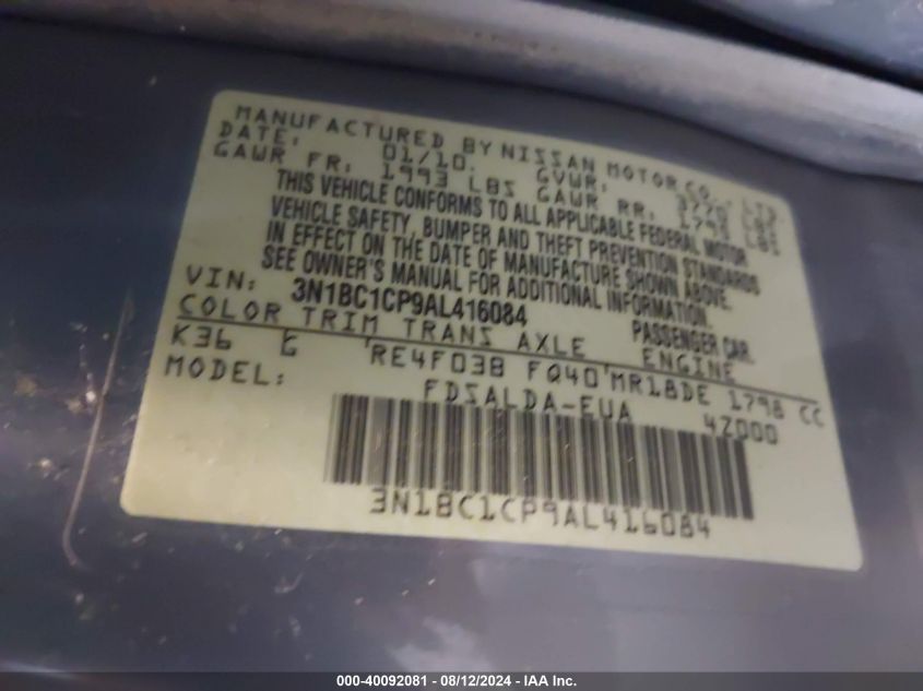 2010 Nissan Versa 1.8S VIN: 3N1BC1CP9AL416084 Lot: 40092081