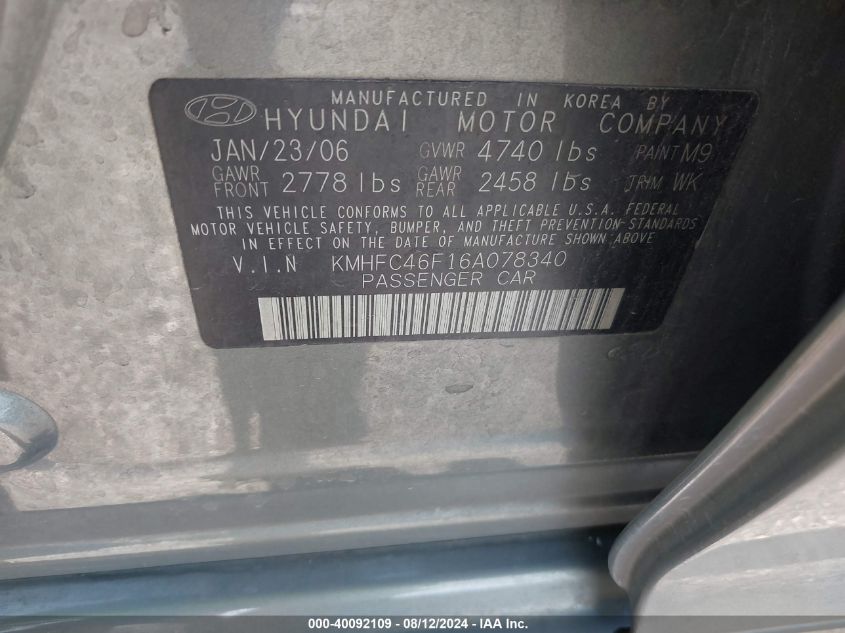 2006 Hyundai Azera Limited/Se VIN: KMHFC46F16A078340 Lot: 40092109