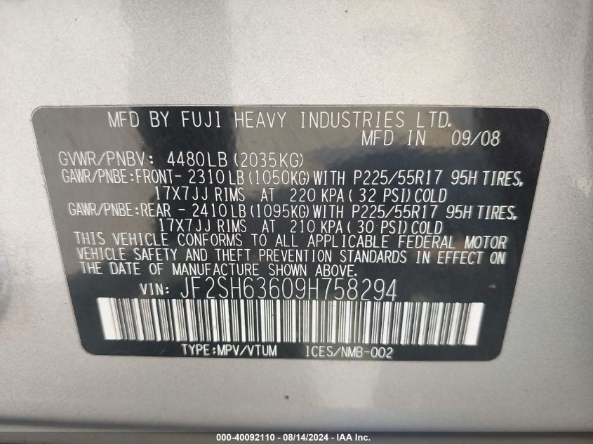 2009 Subaru Forester 2.5X VIN: JF2SH63609H758294 Lot: 40092110