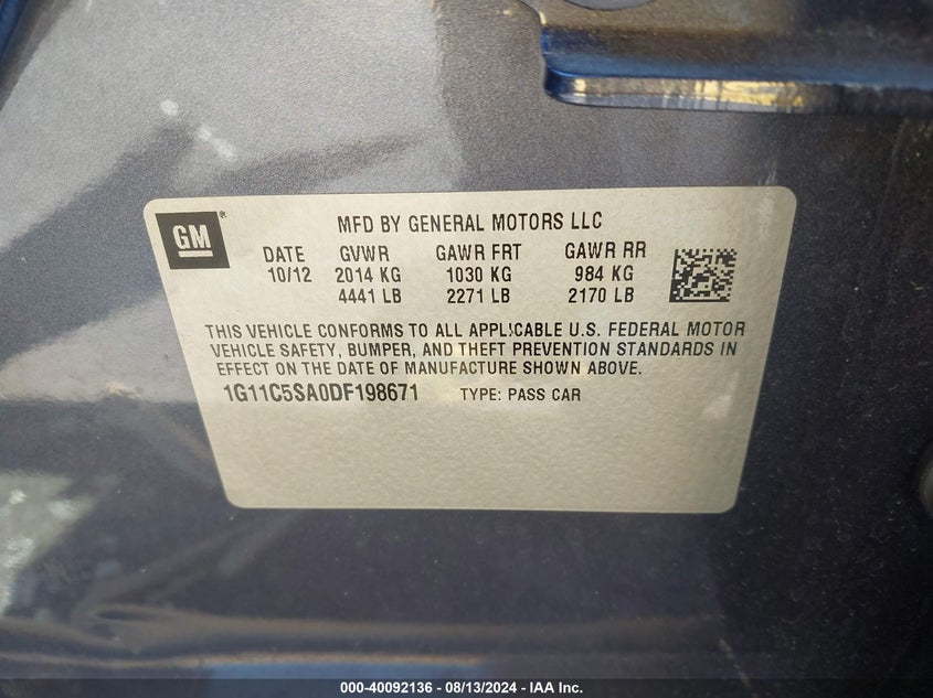 2013 Chevrolet Malibu 1Lt VIN: 1G11C5SA0DF198671 Lot: 40092136
