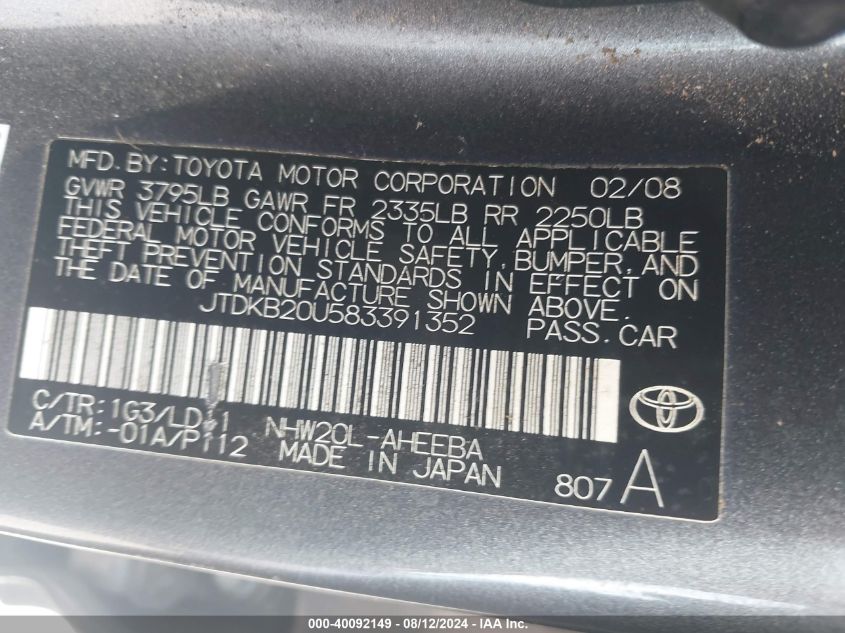 2008 Toyota Prius VIN: JTDKB20U583391352 Lot: 40092149