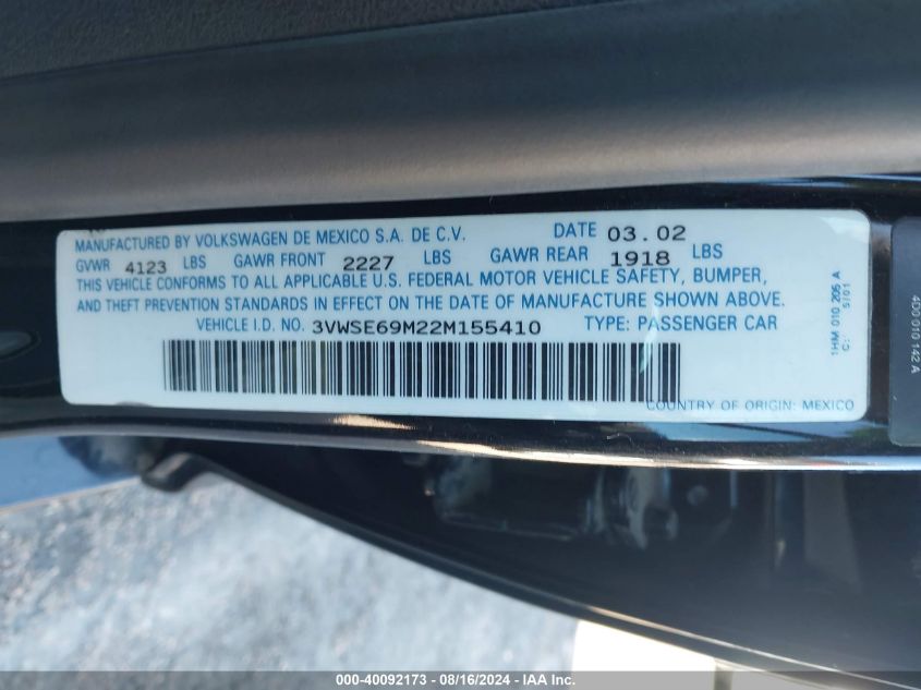 2002 Volkswagen Jetta Gls VIN: 3VWSE69M22M155410 Lot: 40092173