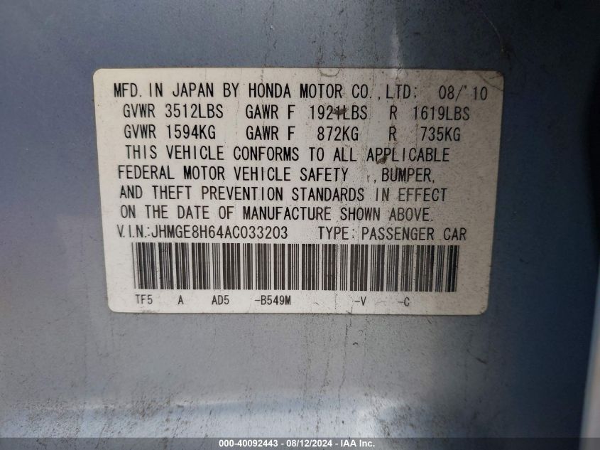 2010 Honda Fit Sport VIN: JHMGE8H64AC033203 Lot: 40092443