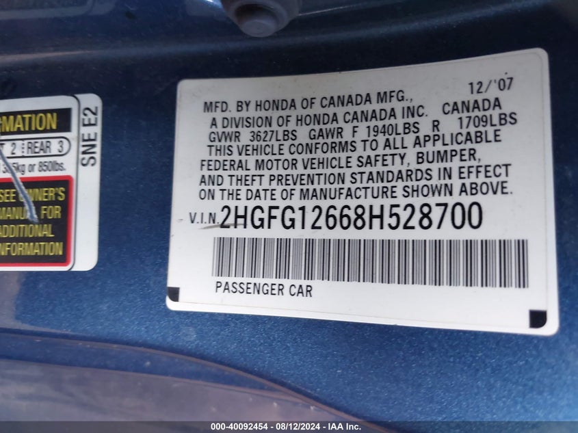 2008 Honda Civic Lx VIN: 2HGFG12668H528700 Lot: 40092454