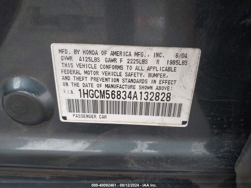 2004 Honda Accord 2.4 Ex VIN: 1HGCM56834A132828 Lot: 40092461