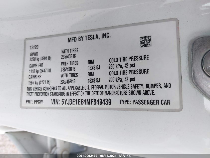 2021 Tesla Model 3 Long Range Dual Motor All-Wheel Drive VIN: 5YJ3E1EB4MF849439 Lot: 40092469