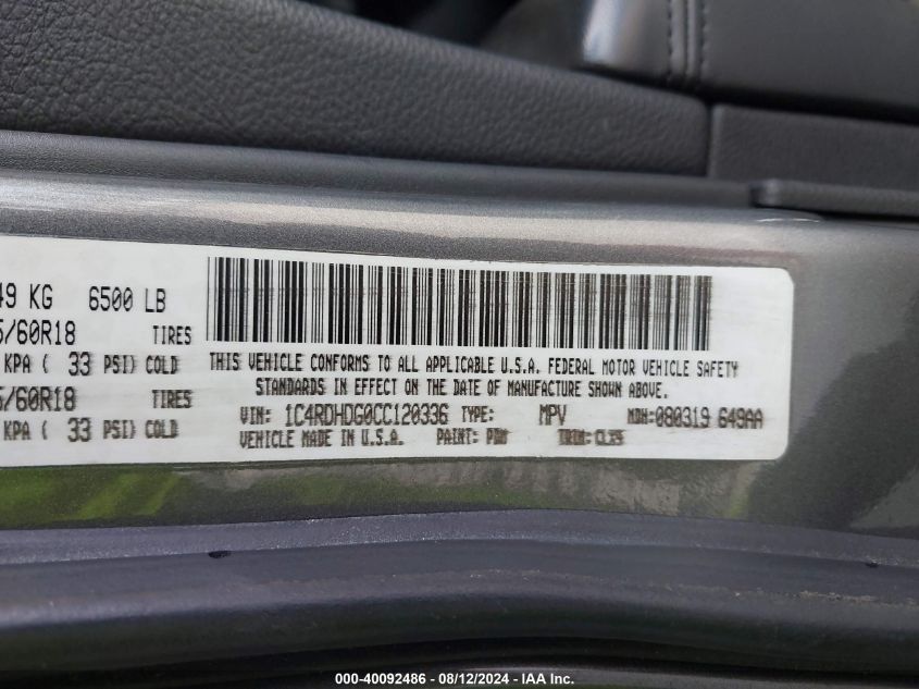 2012 Dodge Durango Crew VIN: 1C4RDHDG0CC120336 Lot: 40092486