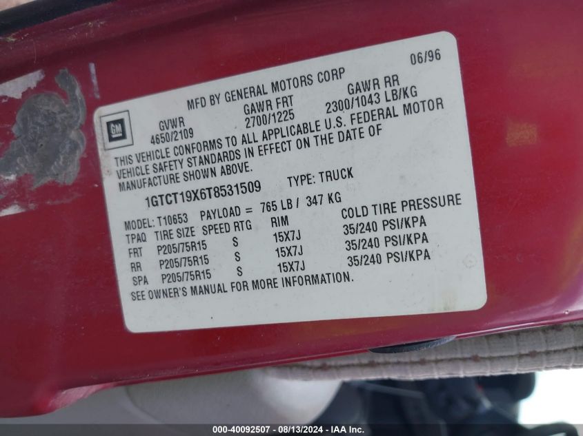 1996 GMC Sonoma VIN: 1GTCT19X6T8531509 Lot: 40092507