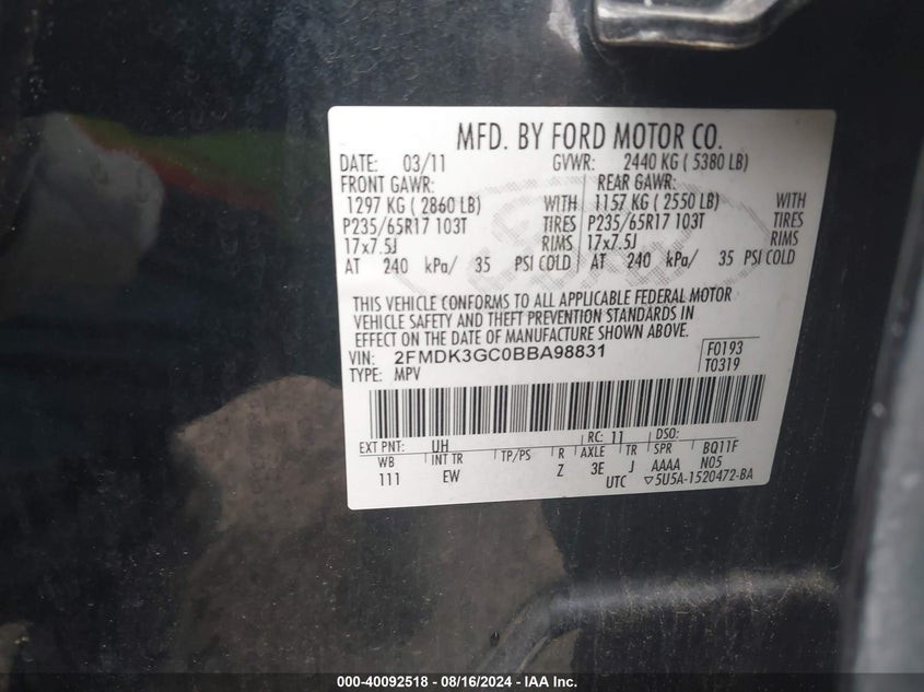 2011 Ford Edge Se VIN: 2FMDK3GC0BBA98831 Lot: 40092518