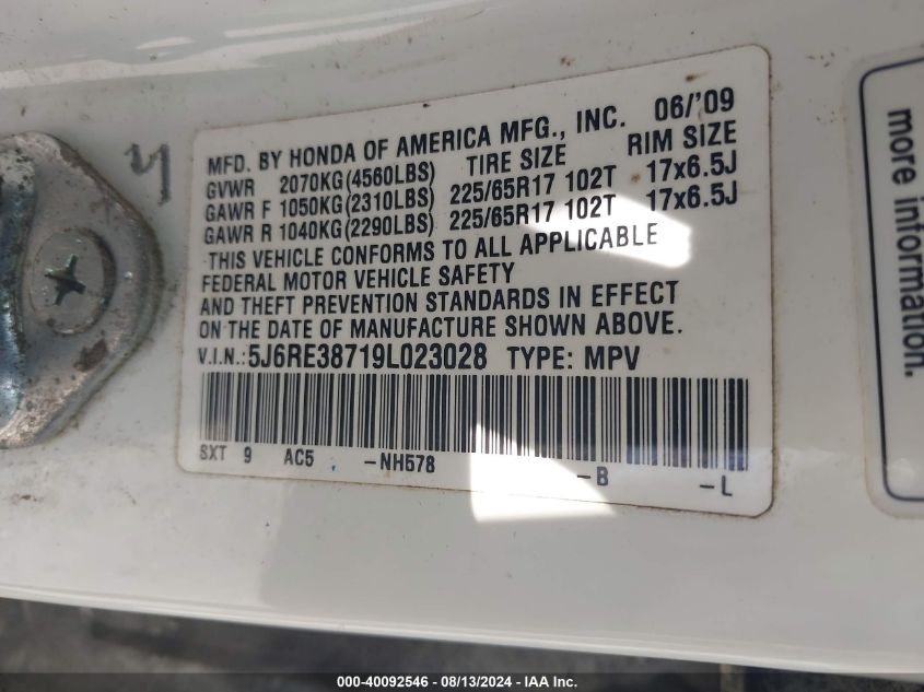 2009 Honda Cr-V Ex-L VIN: 5J6RE38719L023028 Lot: 40092546