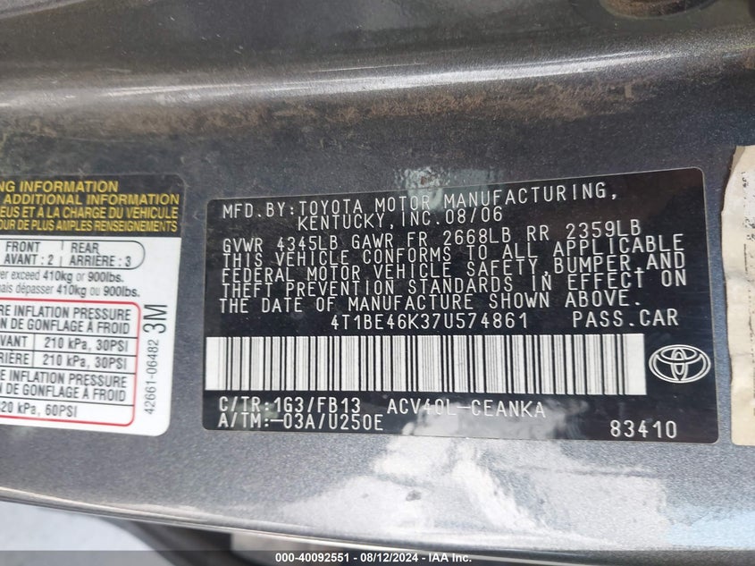 2007 Toyota Camry Le VIN: 4T1BE46K37U574861 Lot: 40092551