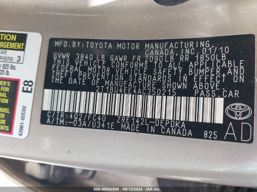 2T1BU4EE4AC350215 2010 Toyota Corolla S/Le/Xle