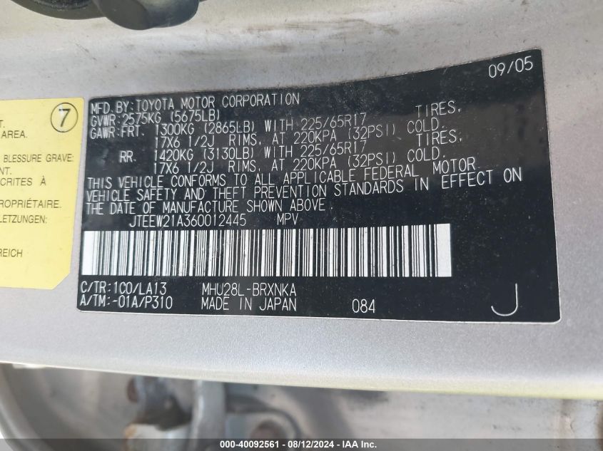 2006 Toyota Highlander Hybrid Limited V6 VIN: JTEEW21A360012445 Lot: 40092561