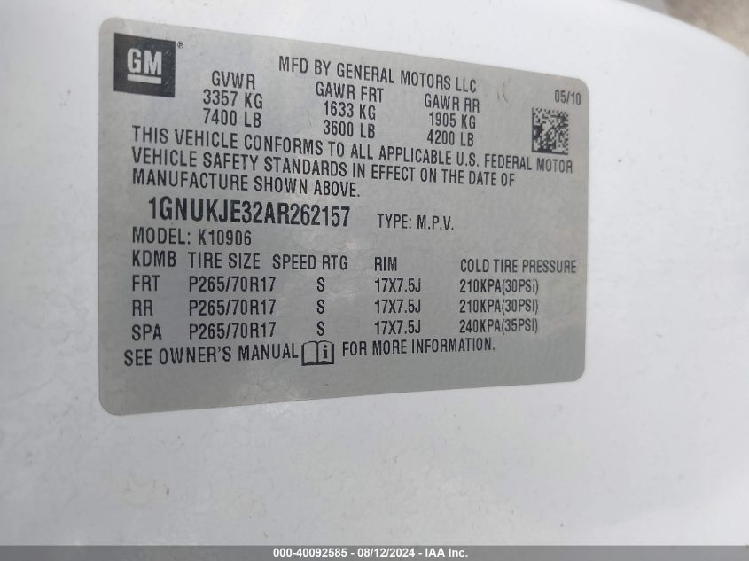 2010 Chevrolet Suburban 1500 Lt1 VIN: 1GNUKJE32AR262157 Lot: 40092585