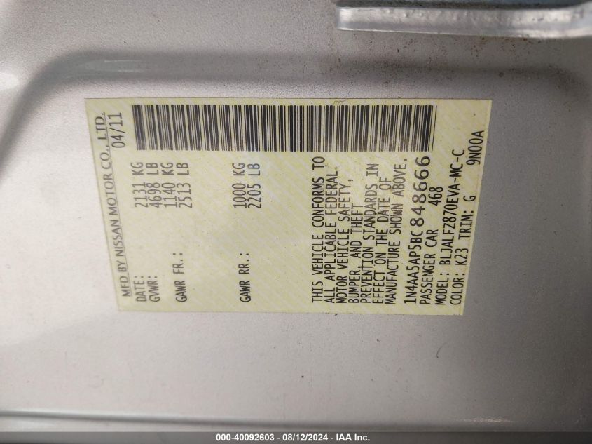 2011 Nissan Maxima 3.5 Sv VIN: 1N4AA5AP5BC848666 Lot: 40092603