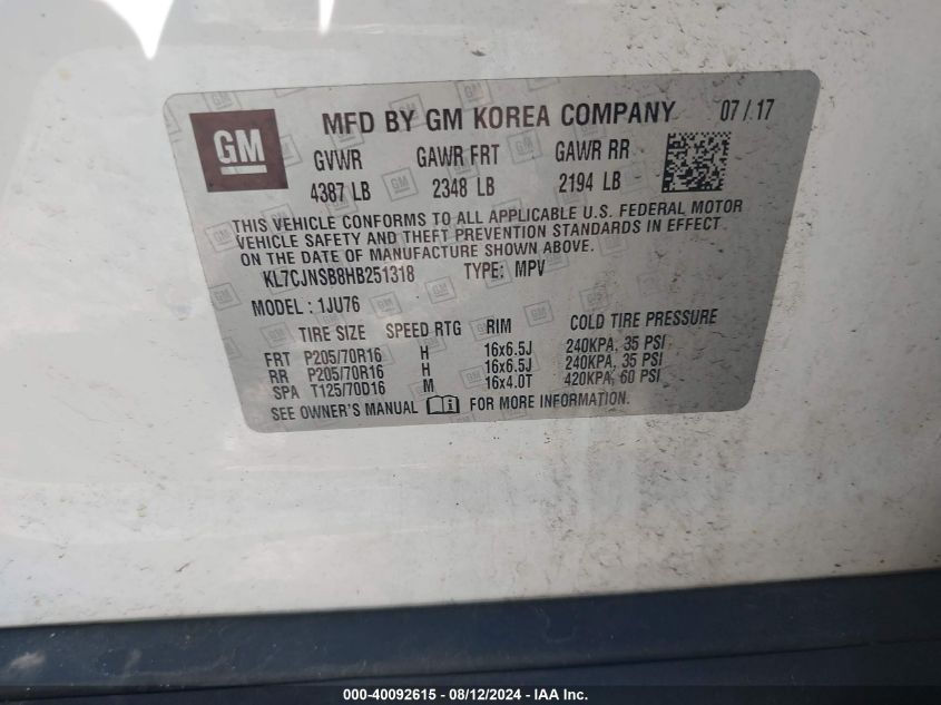 2017 Chevrolet Trax Ls VIN: KL7CJNSB8HB251318 Lot: 40092615