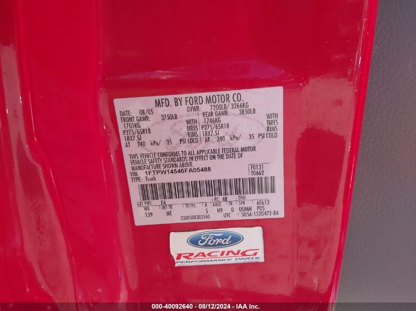 2006 Ford F-150 Fx4/Lariat/Xlt VIN: 1FTPW14546FA05488 Lot: 40092640