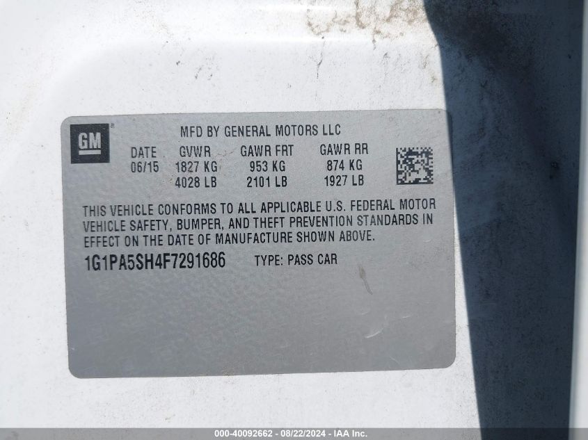 2015 Chevrolet Cruze Ls Auto VIN: 1G1PA5SH4F7291686 Lot: 40199977