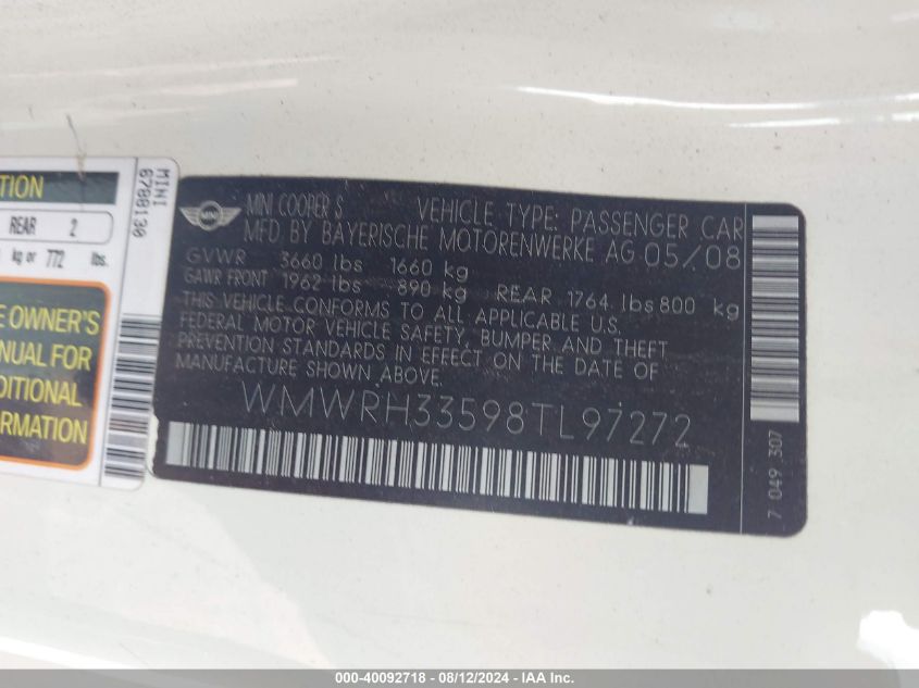 2008 Mini Cooper S S VIN: WMWRH33598TL97272 Lot: 40092718