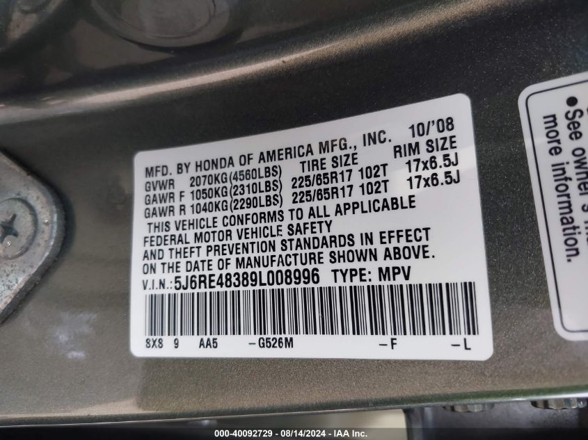 2009 Honda Cr-V Lx VIN: 5J6RE48389L008996 Lot: 40092729