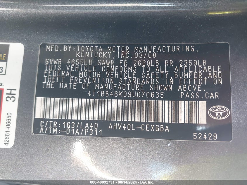 2009 Toyota Camry Hybrid VIN: 4T1BB46K09U070635 Lot: 40092731