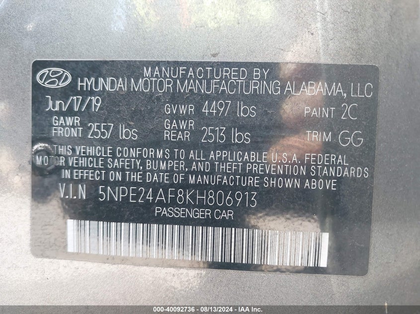 VIN 5NPE24AF8KH806913 2019 HYUNDAI SONATA SE