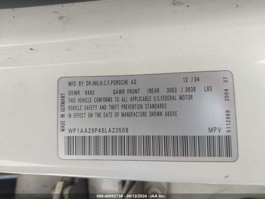 2005 Porsche Cayenne VIN: WP1AA29P45LA23508 Lot: 40092738