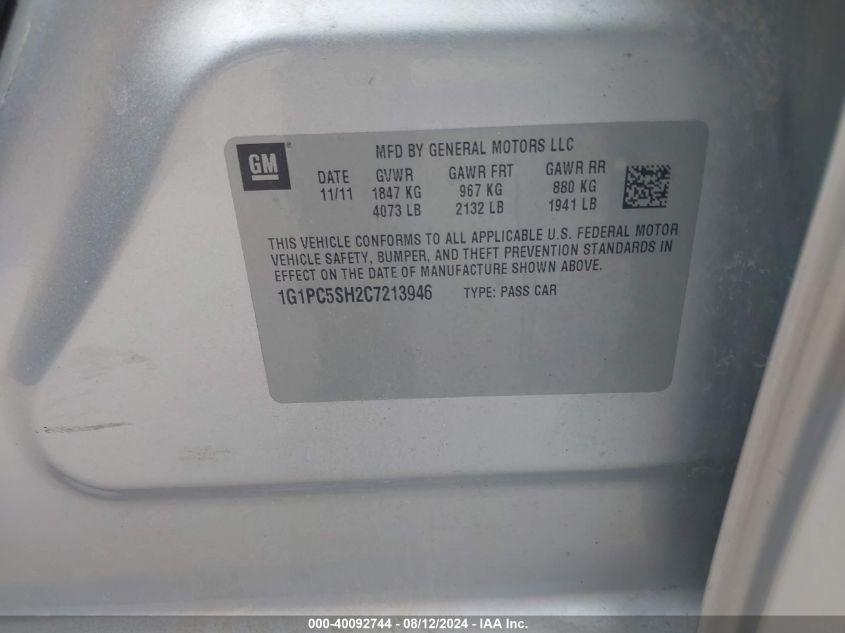 2012 Chevrolet Cruze Ls VIN: 1G1PC5SH2C7213946 Lot: 40092744