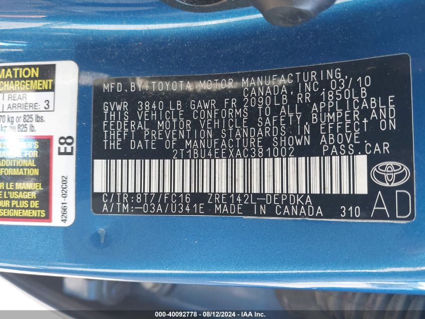 2010 Toyota Corolla Le VIN: 2T1BU4EEXAC381002 Lot: 40092778