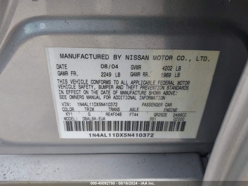 2005 Nissan Altima 2.5 S VIN: 1N4AL11DX5N410372 Lot: 40092780