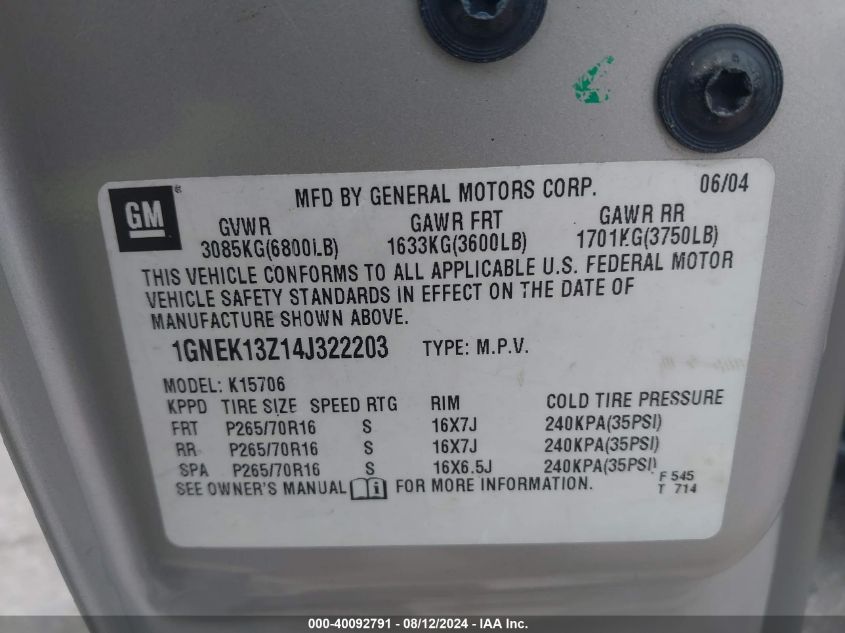 2004 Chevrolet Tahoe Ls VIN: 1GNEK13Z14J322203 Lot: 40092791