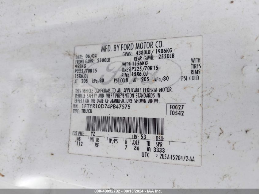 2004 Ford Ranger Xl/Xlt VIN: 1FTYR10D74PB47575 Lot: 40092792